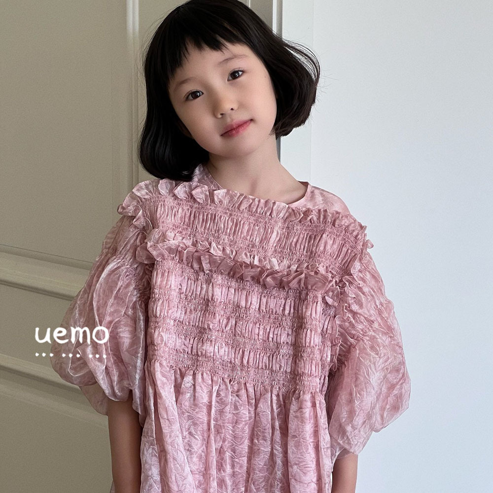 UEMO Pink Chiffon Dress with Puff Sleeves Elegance and Sweetness Princess Dress
