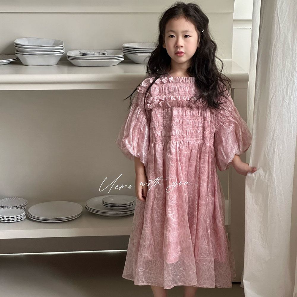 UEMO Pink Chiffon Dress with Puff Sleeves Elegance and Sweetness Princess Dress