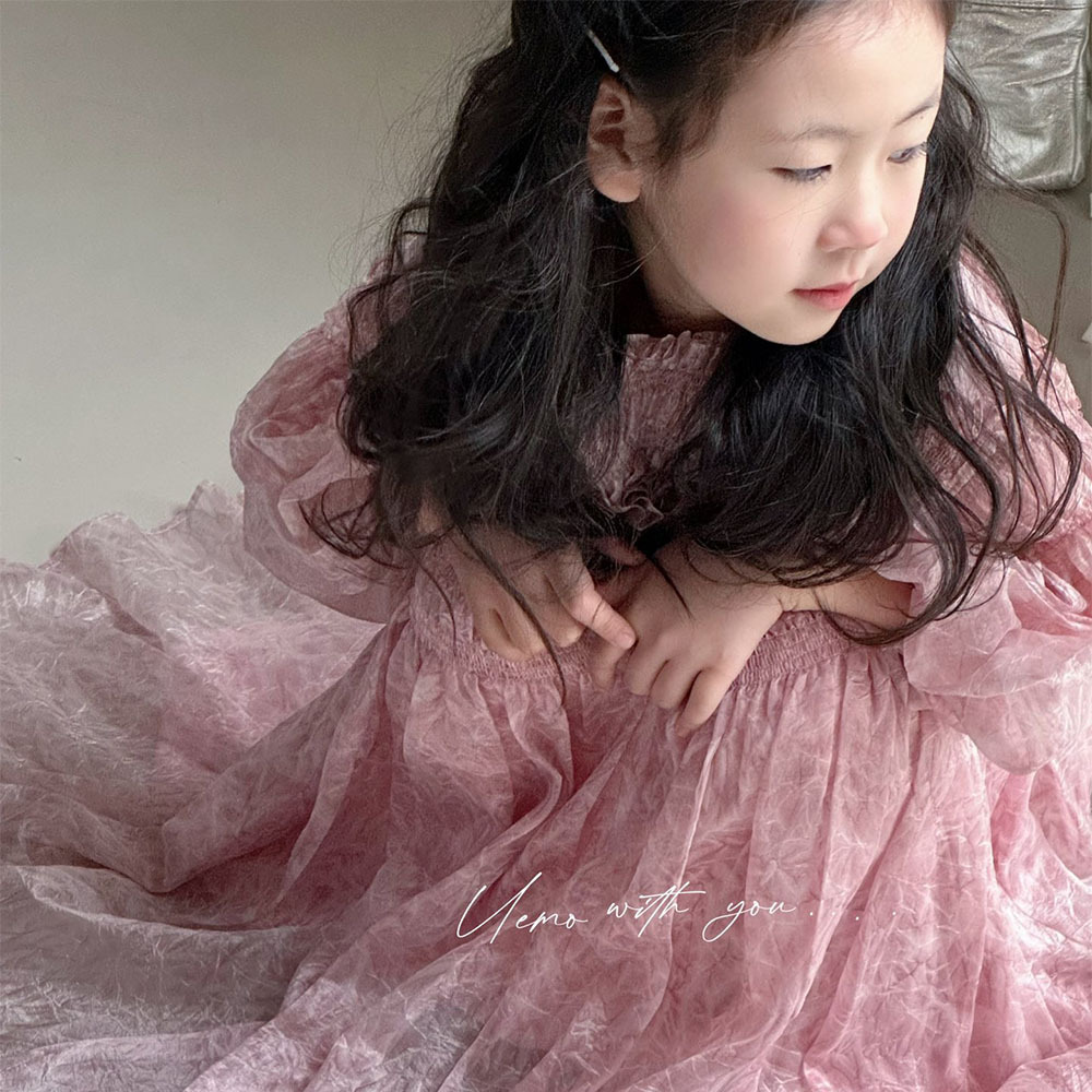 UEMO Pink Chiffon Dress with Puff Sleeves Elegance and Sweetness Princess Dress