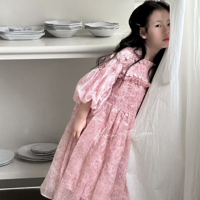 UEMO Pink Chiffon Dress with Puff Sleeves Elegance and Sweetness Princess Dress