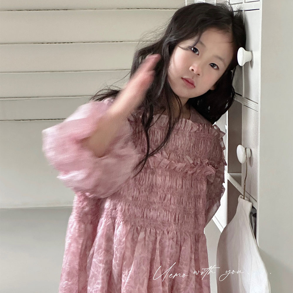 UEMO Pink Chiffon Dress with Puff Sleeves Elegance and Sweetness Princess Dress