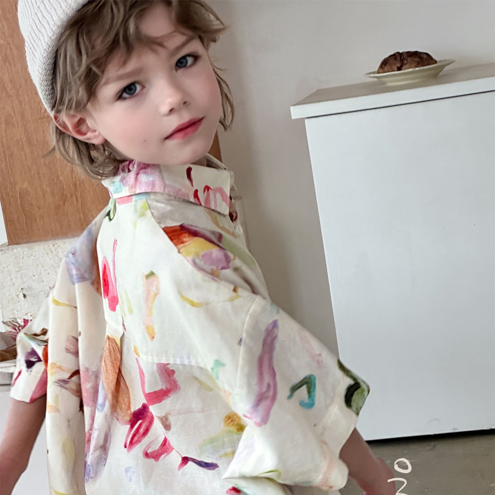NONOKIDS Kids Short Sleeved Shirt with Watercolor Print Children Casual Shirt In Stock