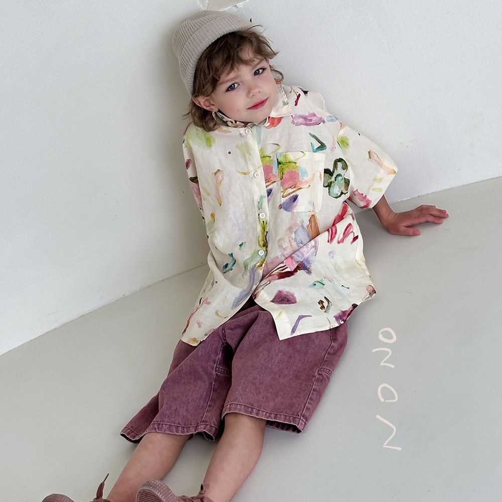 NONOKIDS Kids Short Sleeved Shirt with Watercolor Print Children Casual Shirt In Stock