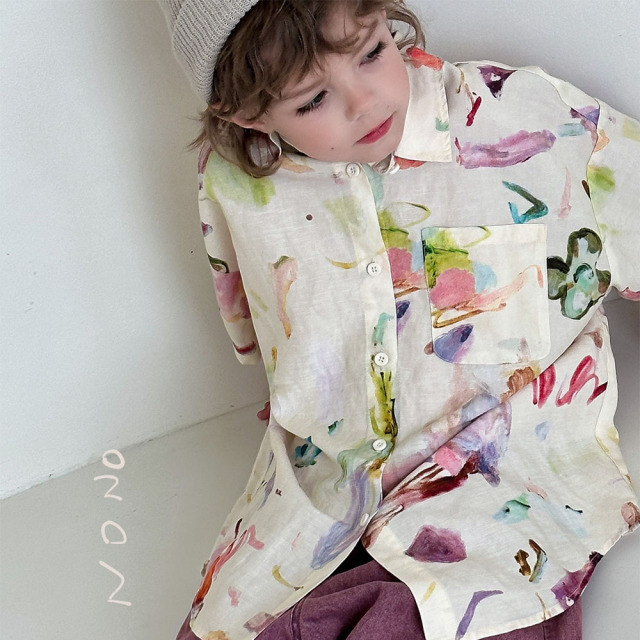 NONOKIDS Kids Short Sleeved Shirt with Watercolor Print Children Casual Shirt In Stock