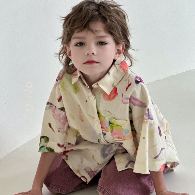 NONOKIDS Kids Short Sleeved Shirt with Watercolor Print Children Casual Shirt In Stock