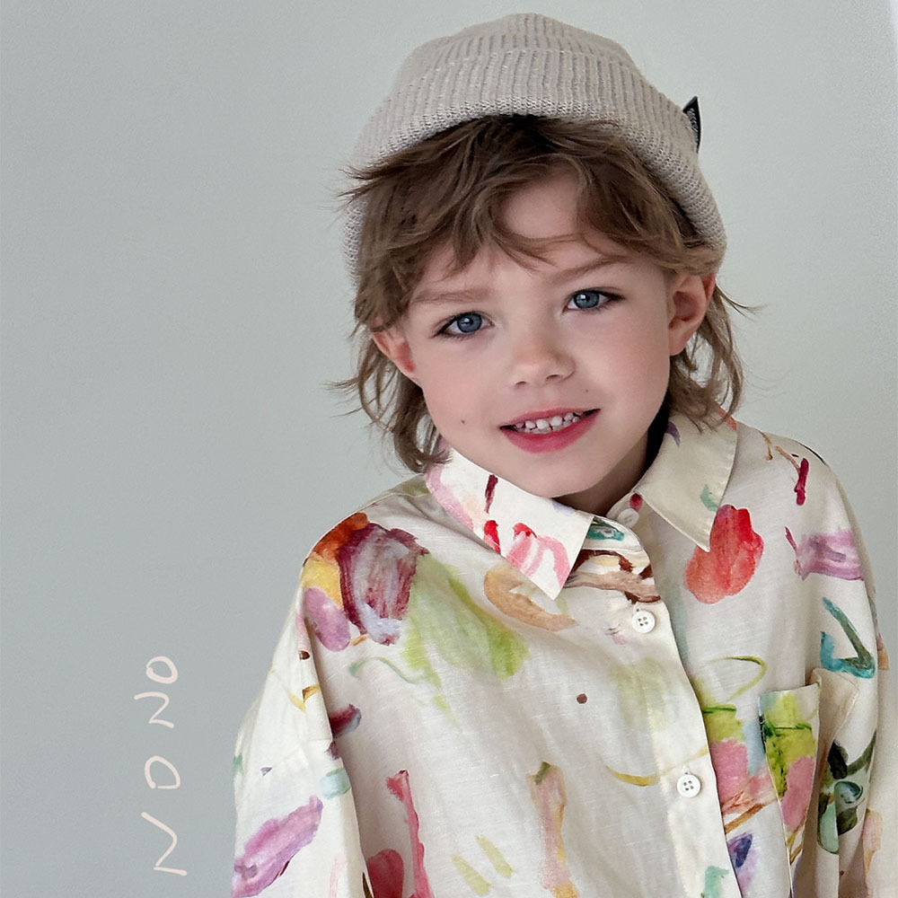 NONOKIDS Kids Short Sleeved Shirt with Watercolor Print Children Casual Shirt In Stock