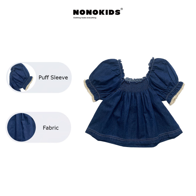 UEMO Denim Puff Sleeve Top for Kids Baby Girl Children Top Custom Logo