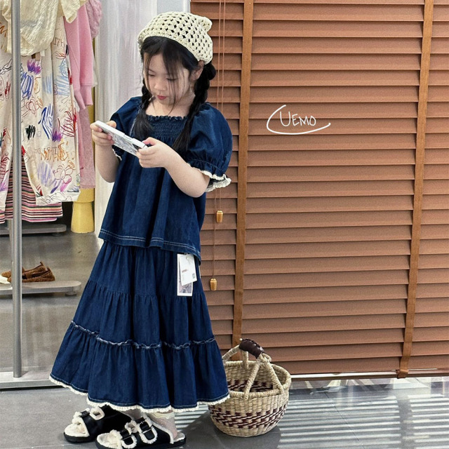 UEMO Denim Puff Sleeve Top for Kids Baby Girl Children Top Custom Logo