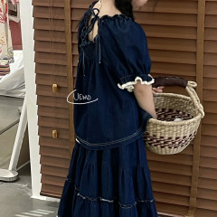 UEMO Denim Puff Sleeve Top for Kids Baby Girl Children Top Custom Logo