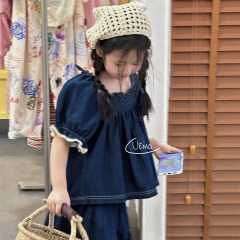UEMO Denim Puff Sleeve Top for Kids Baby Girl Children Top Custom Logo