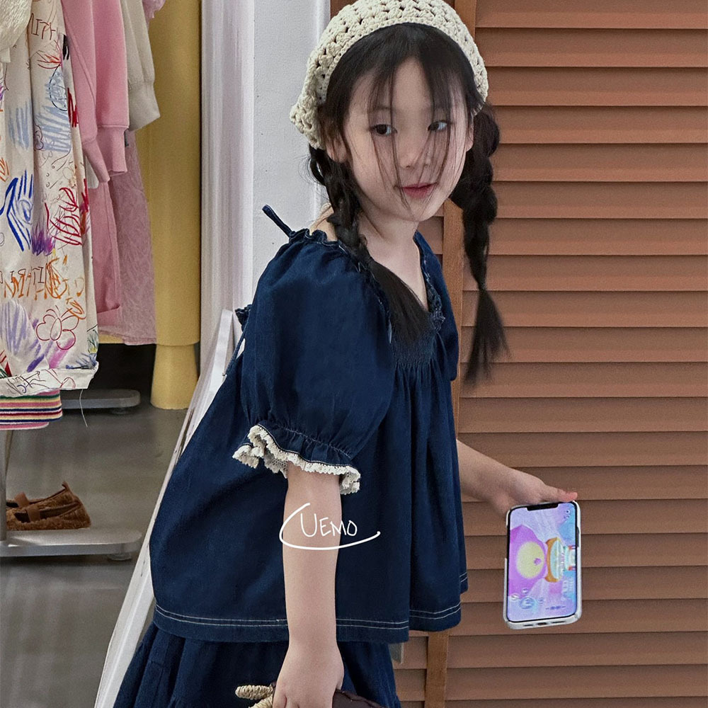 UEMO Denim Puff Sleeve Top for Kids Baby Girl Children Top Custom Logo