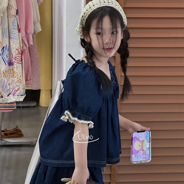 UEMO Denim Puff Sleeve Top for Kids Baby Girl Children Top Custom Logo