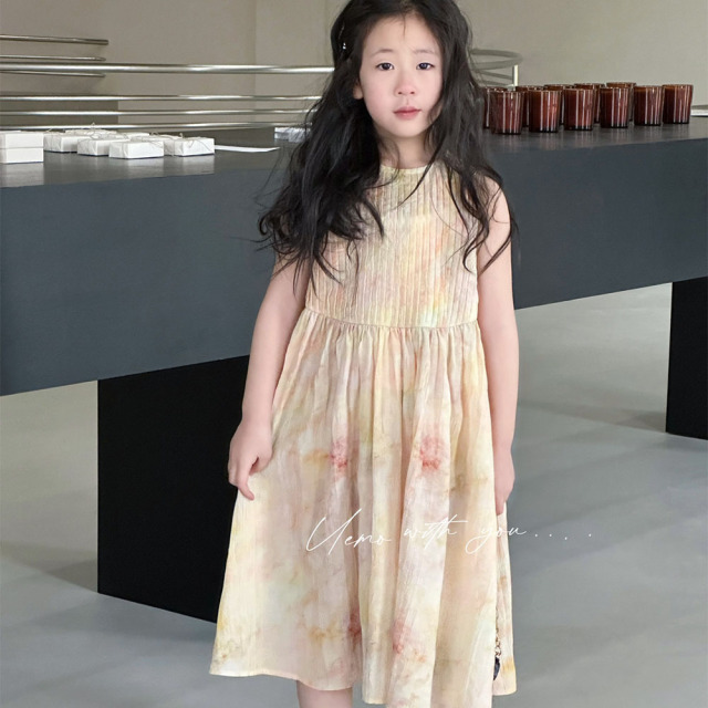 UEMO Sleeveless Tie Dye Pleated Dress for Girls Hot Sale Beach Floral Kids Dress
