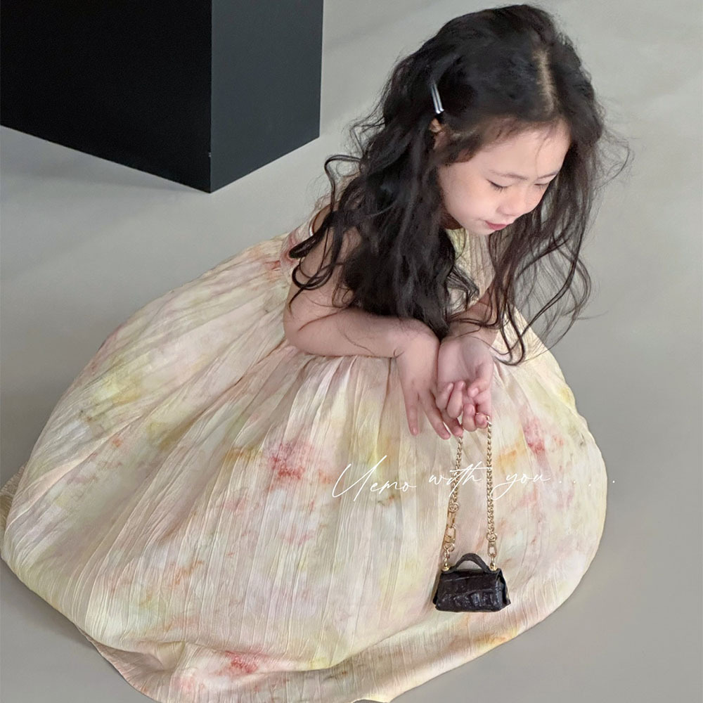 UEMO Sleeveless Tie Dye Pleated Dress for Girls Hot Sale Beach Floral Kids Dress