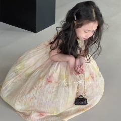 UEMO Sleeveless Tie Dye Pleated Dress for Girls Hot Sale Beach Floral Kids Dress