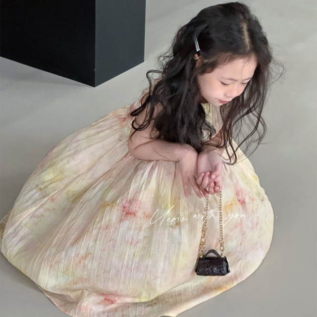 UEMO Sleeveless Tie Dye Pleated Dress for Girls Hot Sale Beach Floral Kids Dress
