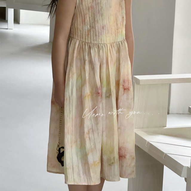 UEMO Sleeveless Tie Dye Pleated Dress for Girls Hot Sale Beach Floral Kids Dress