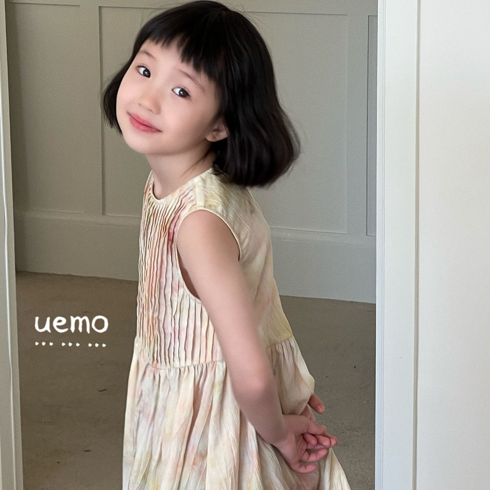 UEMO Sleeveless Tie Dye Pleated Dress for Girls Hot Sale Beach Floral Kids Dress