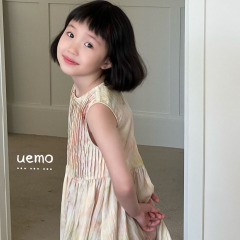 UEMO Sleeveless Tie Dye Pleated Dress for Girls Hot Sale Beach Floral Kids Dress