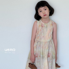 UEMO Sleeveless Tie Dye Pleated Dress for Girls Hot Sale Beach Floral Kids Dress