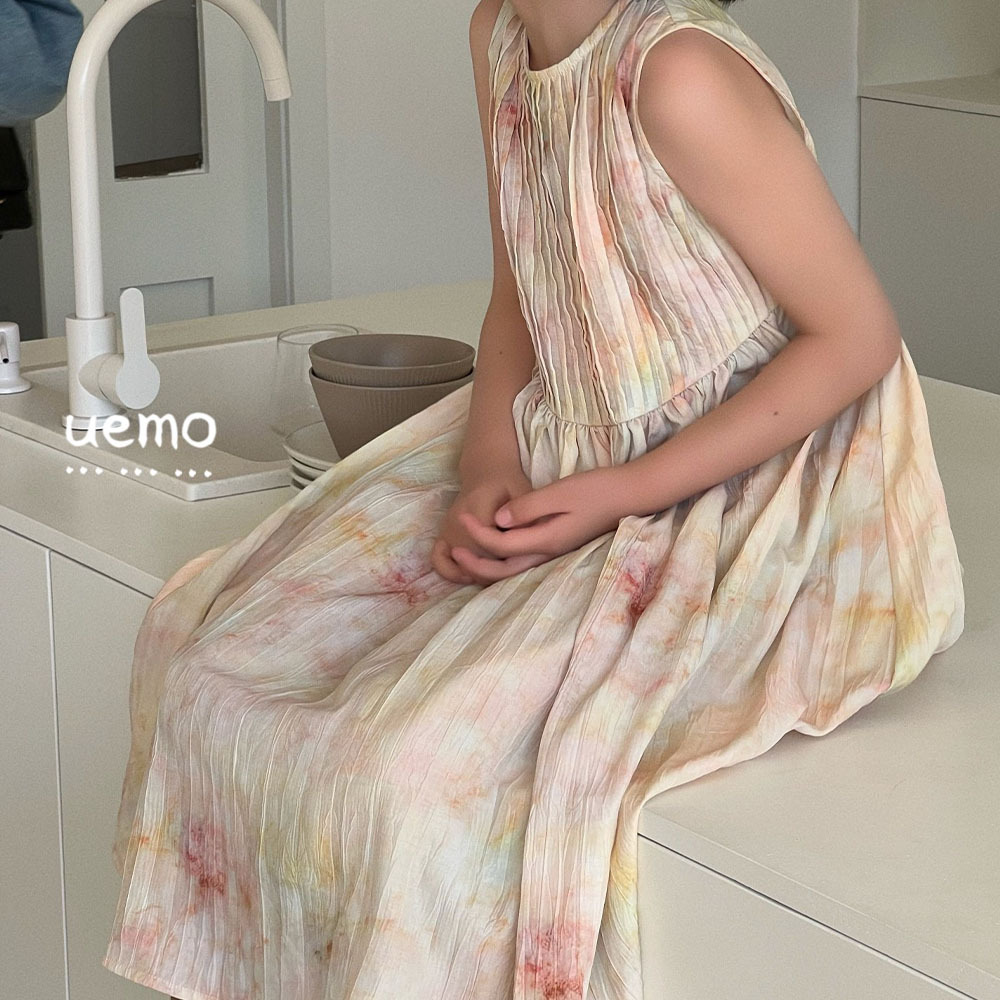 UEMO Sleeveless Tie Dye Pleated Dress for Girls Hot Sale Beach Floral Kids Dress