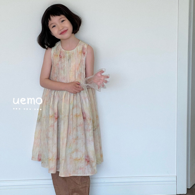 UEMO Sleeveless Tie Dye Pleated Dress for Girls Hot Sale Beach Floral Kids Dress