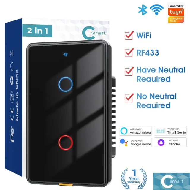 Smart wifi wall touch switch single zero-fire version US standard TUYA voice timing RF remote control switch