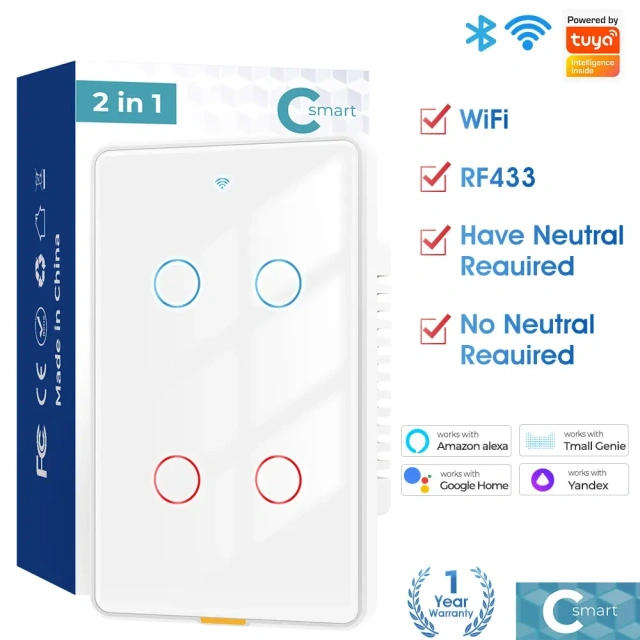 Smart wifi wall touch switch single zero-fire version US standard TUYA voice timing RF remote control switch