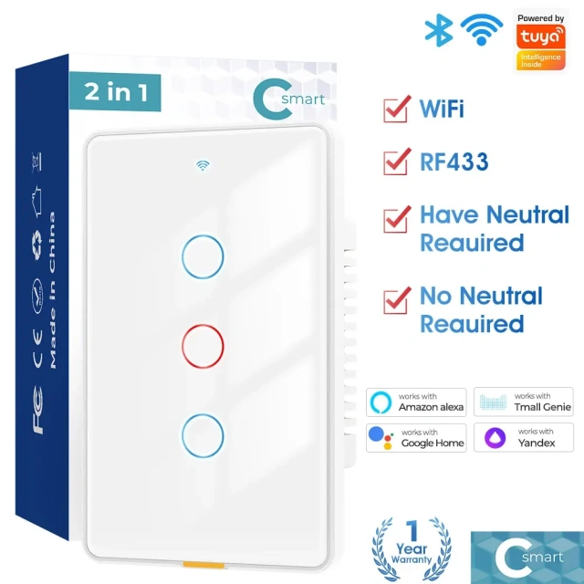 Smart wifi wall touch switch single zero-fire version US standard TUYA voice timing RF remote control switch