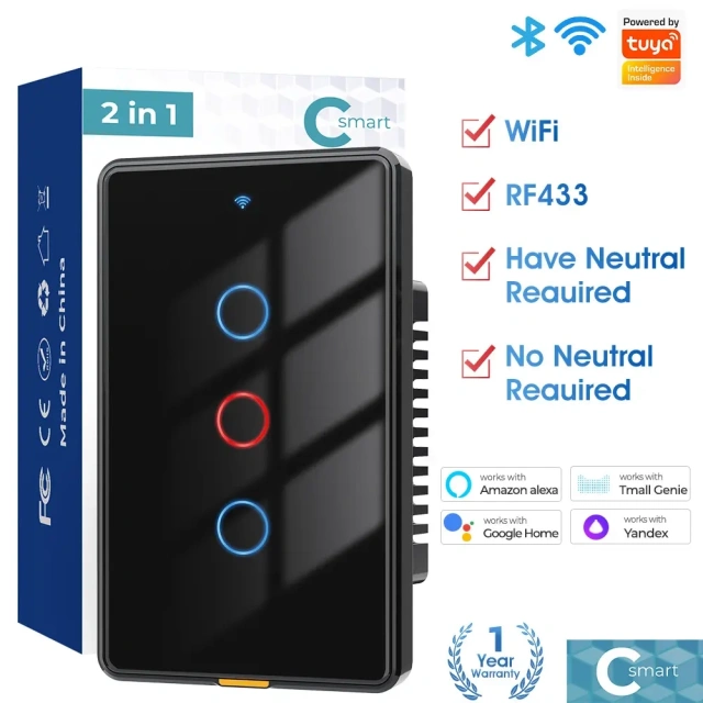 Smart wifi wall touch switch single zero-fire version US standard TUYA voice timing RF remote control switch