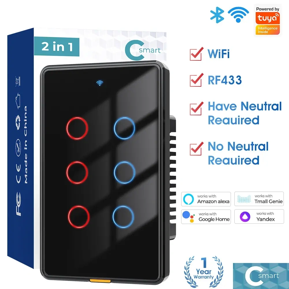 Smart wifi wall touch switch single zero-fire version US standard TUYA voice timing RF remote control switch