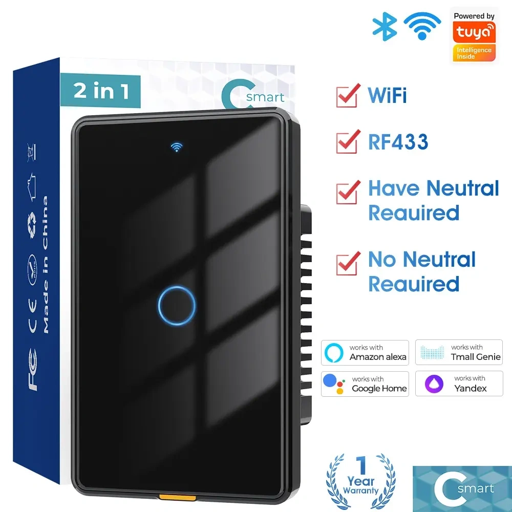 Smart wifi wall touch switch single zero-fire version US standard TUYA voice timing RF remote control switch