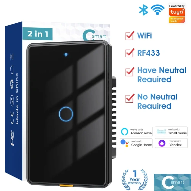 Smart wifi wall touch switch single zero-fire version US standard TUYA voice timing RF remote control switch
