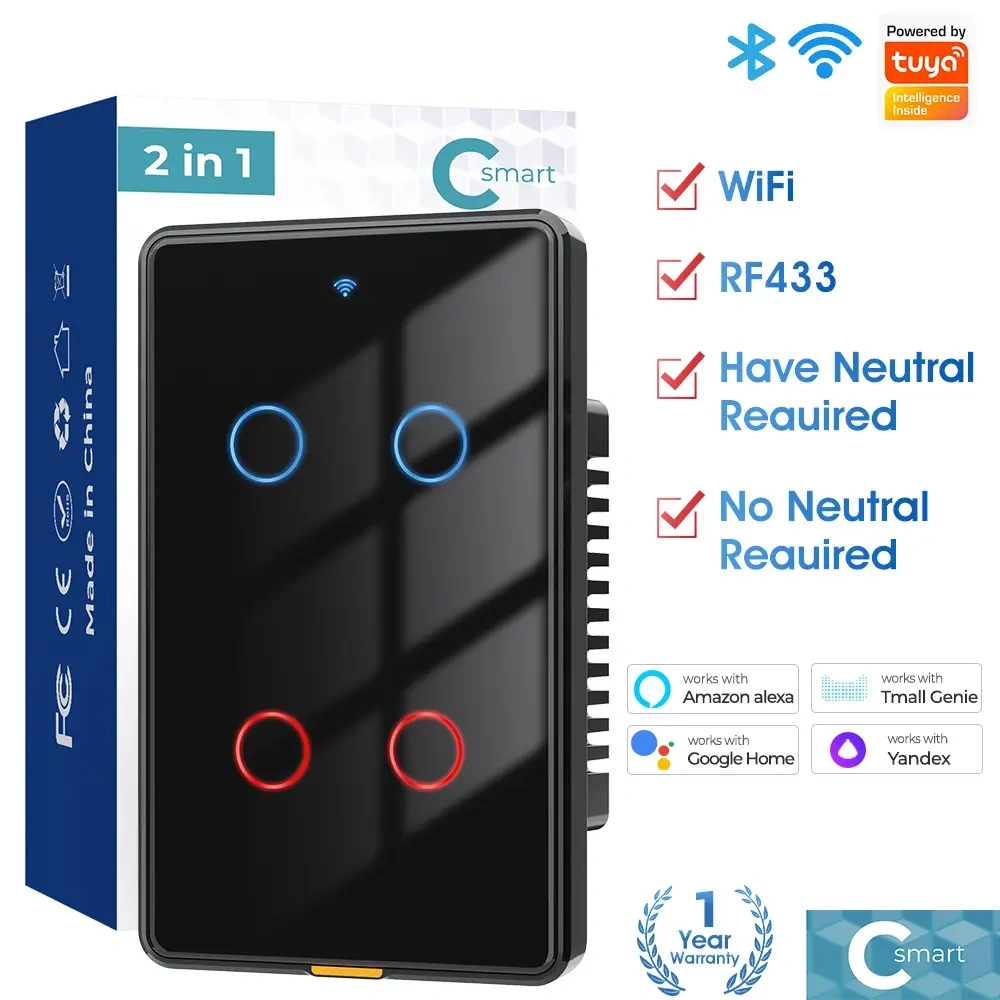 Smart wifi wall touch switch single zero-fire version US standard TUYA voice timing RF remote control switch