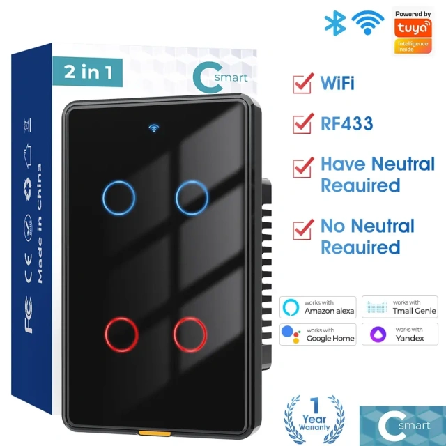 Smart wifi wall touch switch single zero-fire version US standard TUYA voice timing RF remote control switch