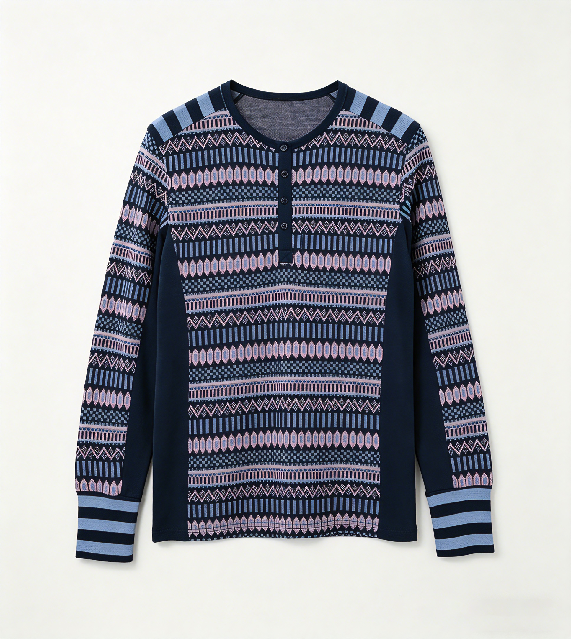 Pure Merino Wool Technical Henley Shirt | Breathable Outdoor Geometric Jacquard Mid-Layer,Pure Merino Wool Technical Henley Shirt | Breathable Outdoor Geometric Jacquard Mid-Layer