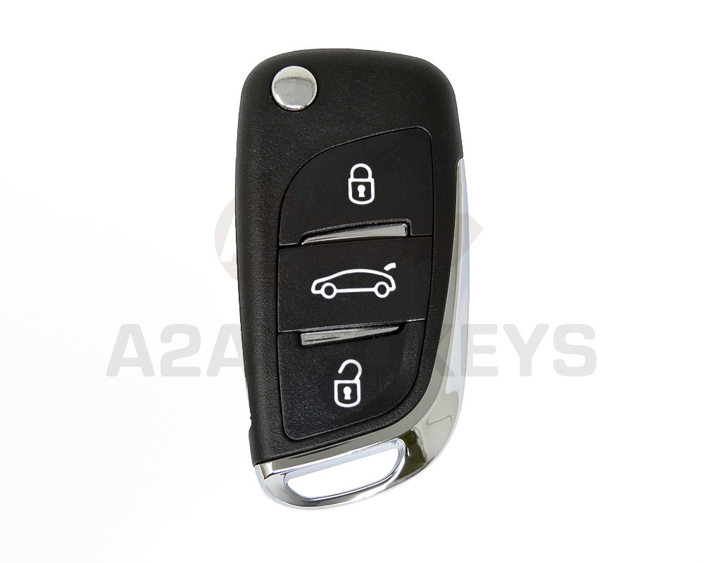 Peugeot Flip Remote Key Shell Chrome 3 Button With Battery Holder Modified