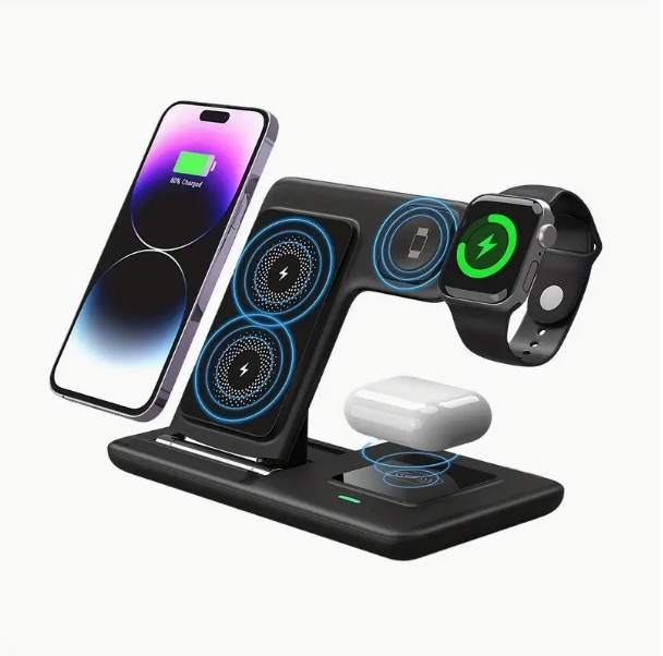 Cargador inalámbrico plegable tres en uno de escritorio adecuado para auriculares, relojes y teléfonos móviles Apple con soporte vertical de carga inalámbrica.