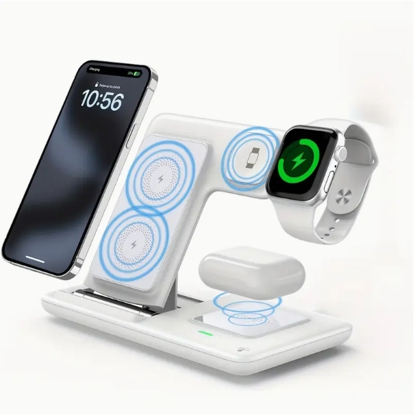 Cargador inalámbrico plegable tres en uno de escritorio adecuado para auriculares, relojes y teléfonos móviles Apple con soporte vertical de carga inalámbrica.