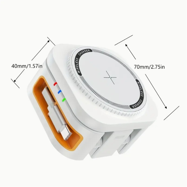 El cargador inalámbrico 4 en 1 viene con un cable retráctil adecuado para teléfonos móviles, relojes y auriculares, y se puede plegar para guardarlo.