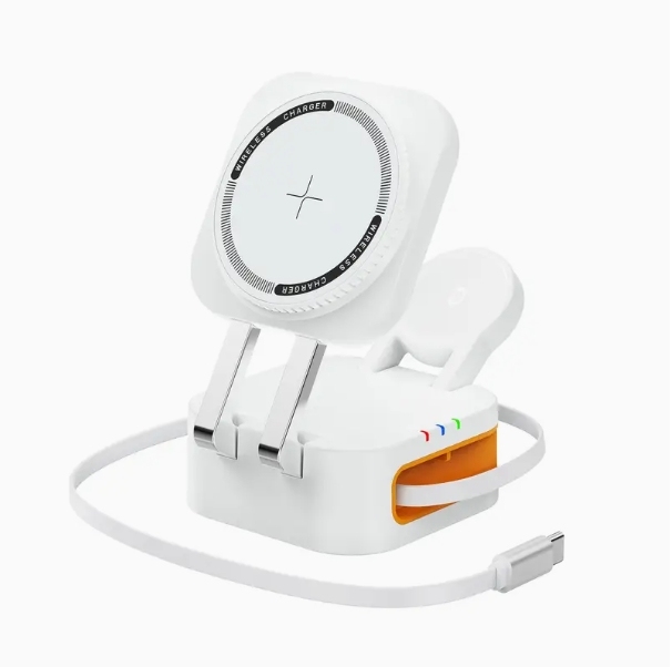 El cargador inalámbrico 4 en 1 viene con un cable retráctil adecuado para teléfonos móviles, relojes y auriculares, y se puede plegar para guardarlo.