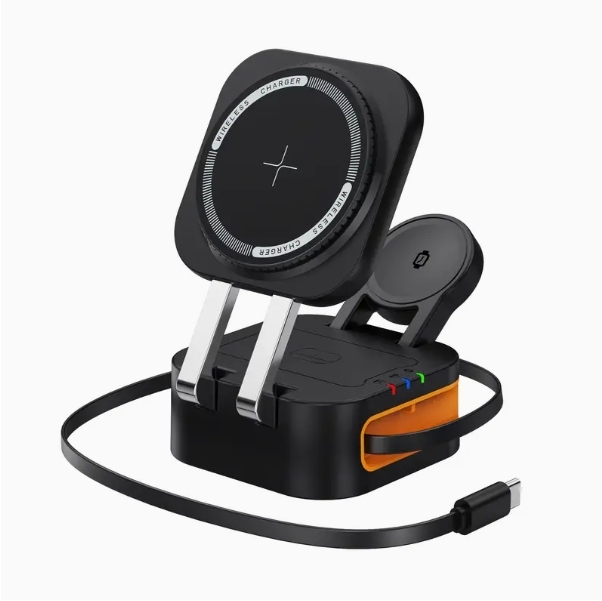 El cargador inalámbrico 4 en 1 viene con un cable retráctil adecuado para teléfonos móviles, relojes y auriculares, y se puede plegar para guardarlo.