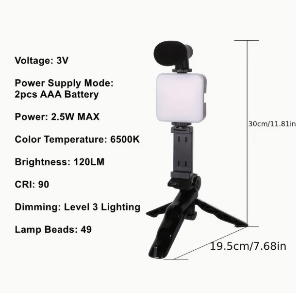 Luz de relleno para transmisión en vivo AY49, luz de bolsillo multifunción para piernas de escritorio con micrófono y soporte para teléfono móvil