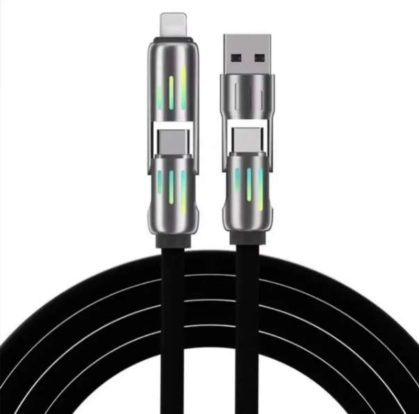 Cable de carga cuatro en uno con columna de luz de 240 W, cable de carga rápida tipo C, cable de carga rápida universal