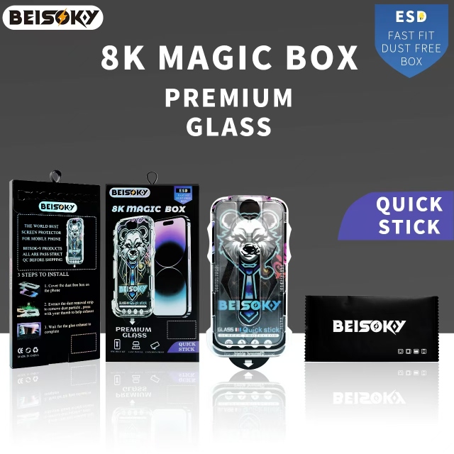 BEISOKY Wholesale 9H HD Clear Full Glue Tempered Glass With Easy Install Tool Frame Anti Static for IPhone 16 15 Pro Max Screen Protector