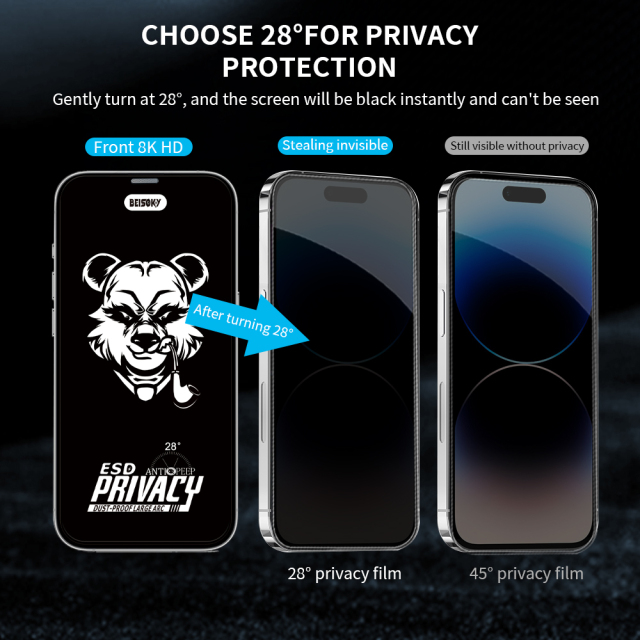 BEISOKY Full Cover Mobile Phone 28 Degree Privacy Anti-spy Tempered Glass Privacy Screen Protector Film for iphone 13 14 15 16