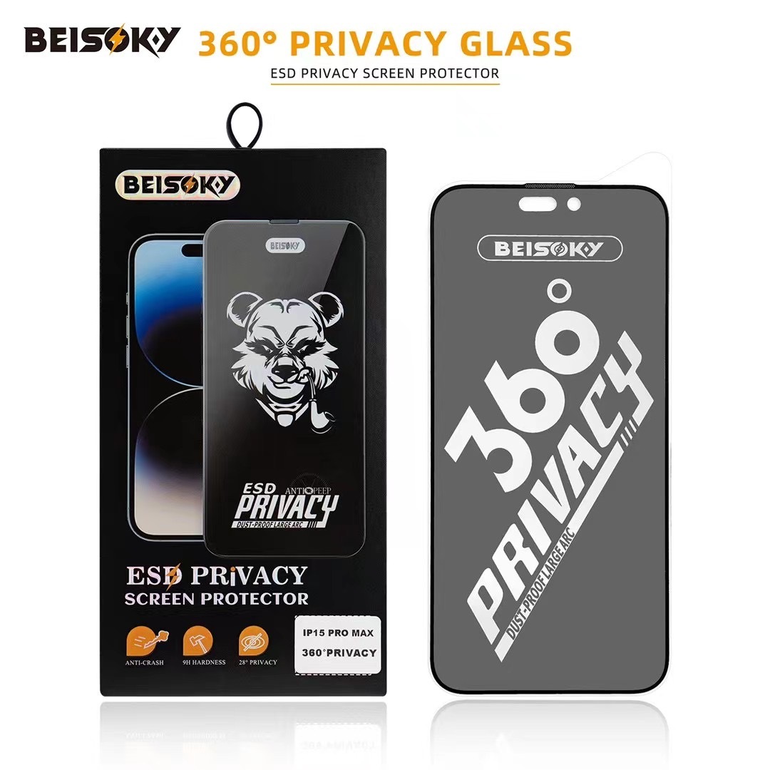 BEISOKY 9H Factory Dust Proof 360 Privacy ESD Anti-peeping Screen Protector for Iphone 13 14 15 16 Pro Max Anti Spy Tempered Glass
