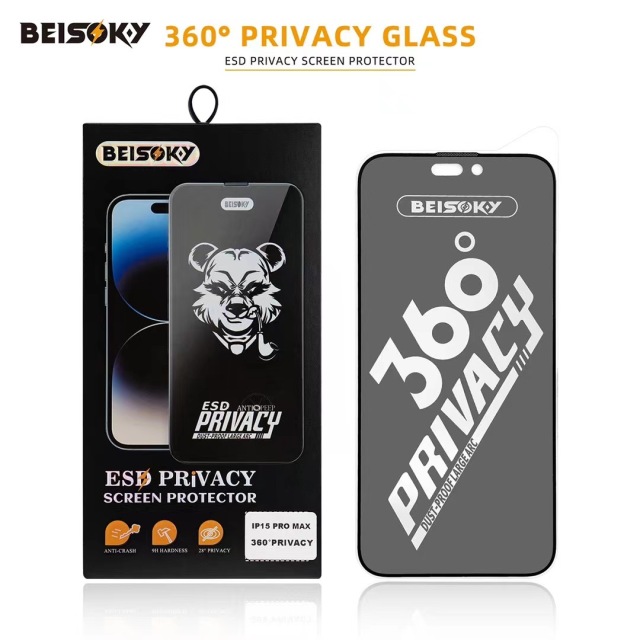 BEISOKY 9H Factory Dust Proof 360 Privacy ESD Anti-peeping Screen Protector for Iphone 13 14 15 16 Pro Max Anti Spy Tempered Glass