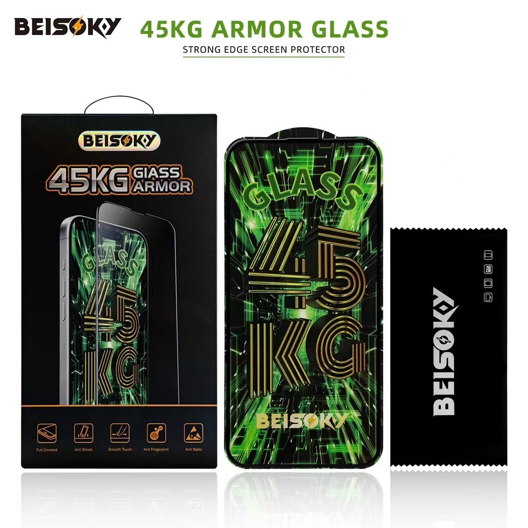BEISOKY Custom Logo Premium Anti Shock Strength 45KG Ultra Strong ESD Tempered Glass Screen Protector for iPhone 16E 16 Pro Max