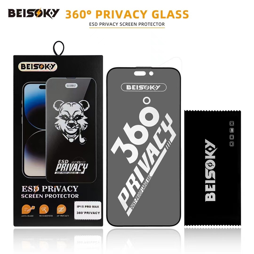BEISOKY 9H Factory Dust Proof 360 Privacy ESD Anti-peeping Screen Protector for Iphone 13 14 15 16 Pro Max Anti Spy Tempered Glass